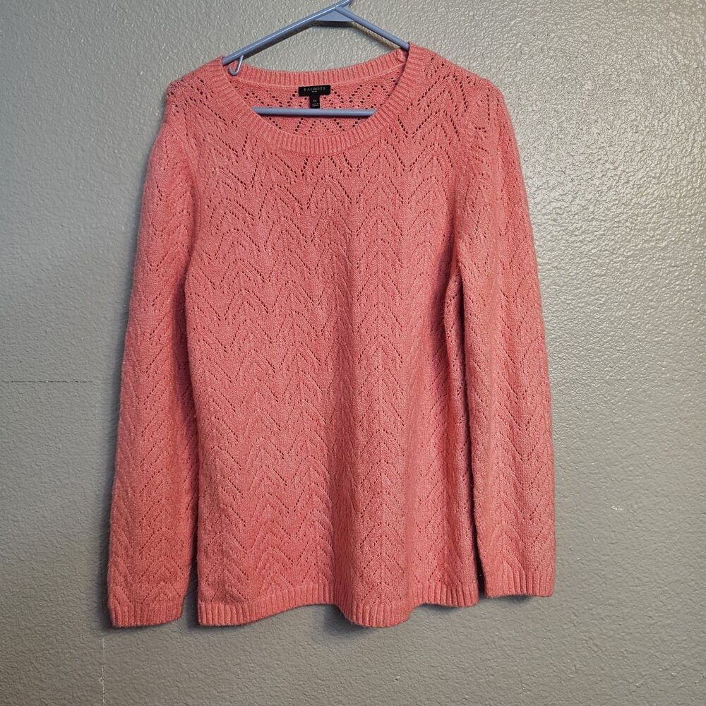 Talbots Women's 1X Coral Pink Chevron Knit Openwork Sweater Long Sleeve N834